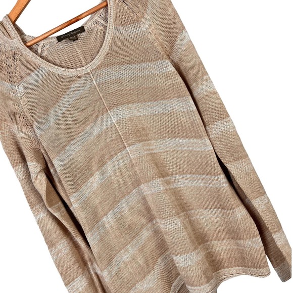 TOMMY BAHAMA Womens M Tan Striped Linen Blend Hooded Pullover Cover Up Open Knit - Picture 1 of 7